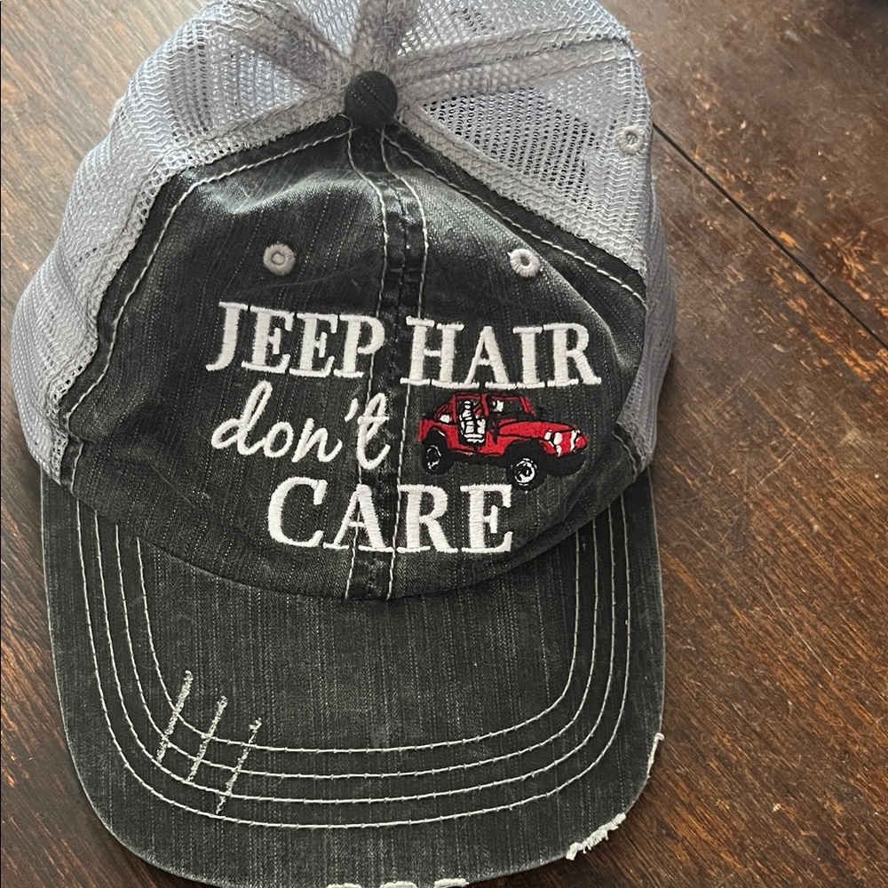 Jeep Hair Don't Care Trucker Hat - Black & Gray with Red Jeep